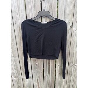 Coquette Y2K Romwe Crop Top Small Black Ribbed Lace Trim V-Neck Long Sleeve
